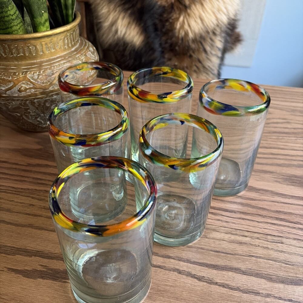 Vintage Mexican Hand Blown Carnival Rimmed Cocktail Glasses Set of 6 Thick Glass